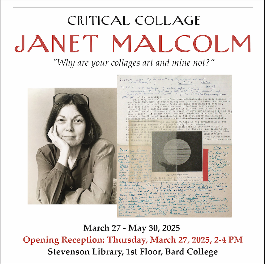 Critical Collage: Janet Malcom with a photo of a woman with glasses next to a page of writing.; Critical Collage: Janet Malcolm