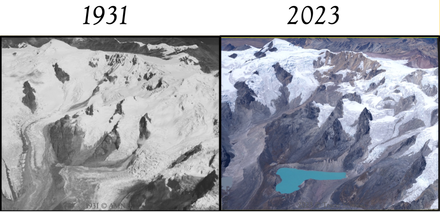 A side by side of the Andes in 1931 (when they are snowy) and 2023 (less snowy).; A Mountain Range at the Headwaters of the Amazon Transformed by a Century of Climate Change