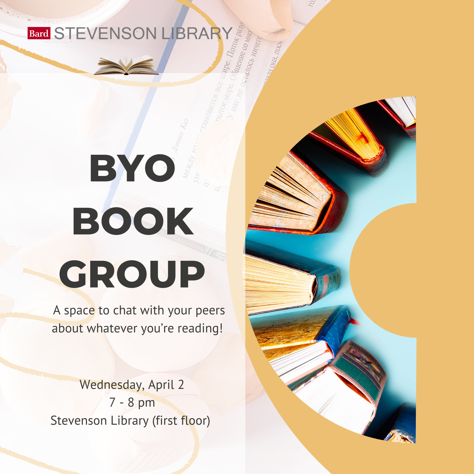 BYO Book Group flyer with a circle of books represented on one side.; BYO Book Group&nbsp;