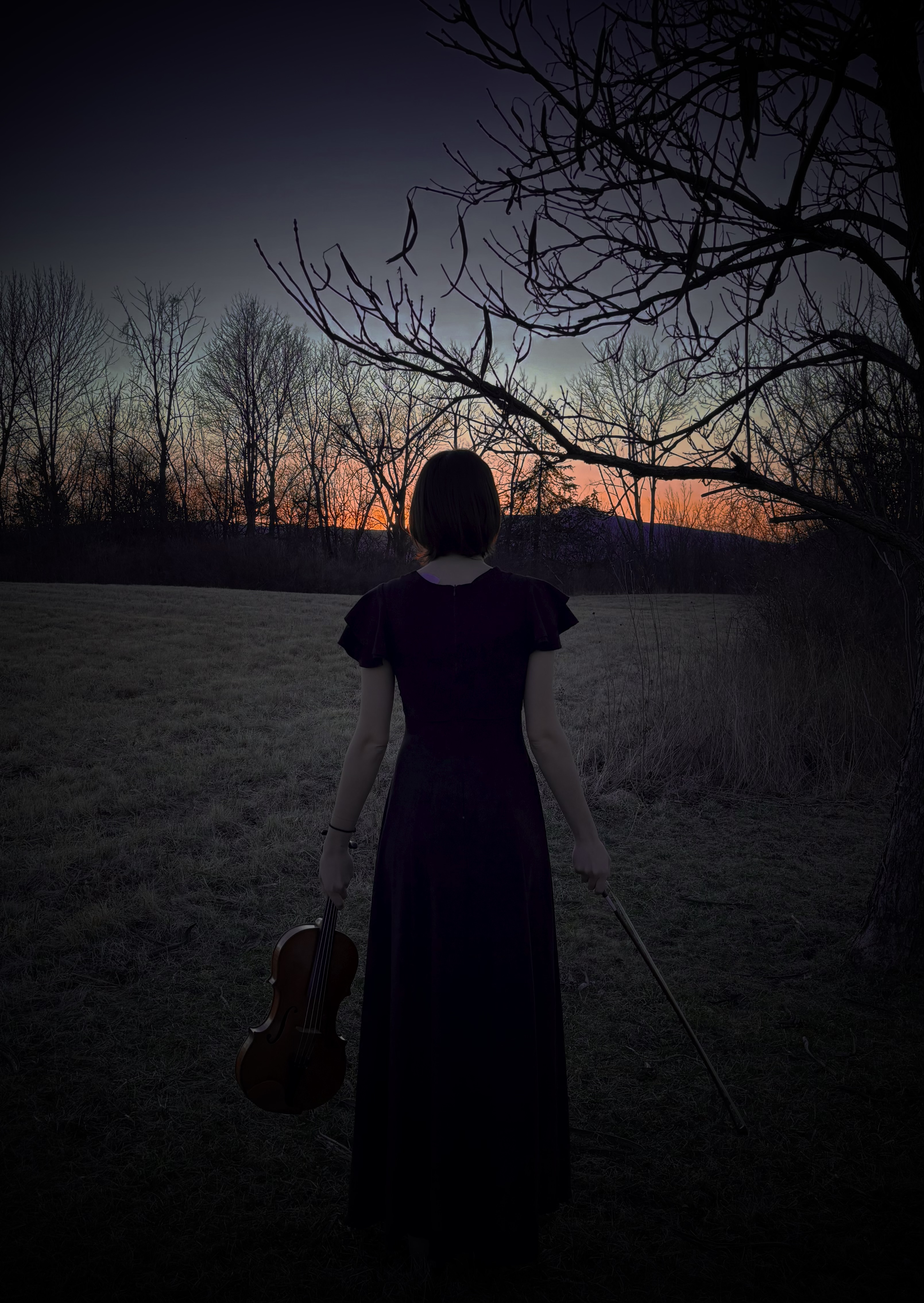 A woman standing with her back to the camera looking at a sunrise.; Degree Recital: Sam Rehorst, viola