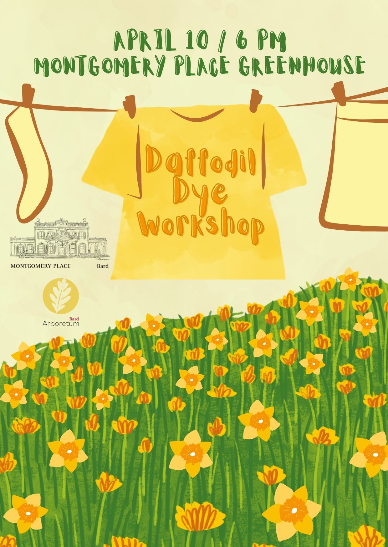 Daffodil dye workshop, a poster in yellow with lots of daffodils.; Daffodil Dye Workshop