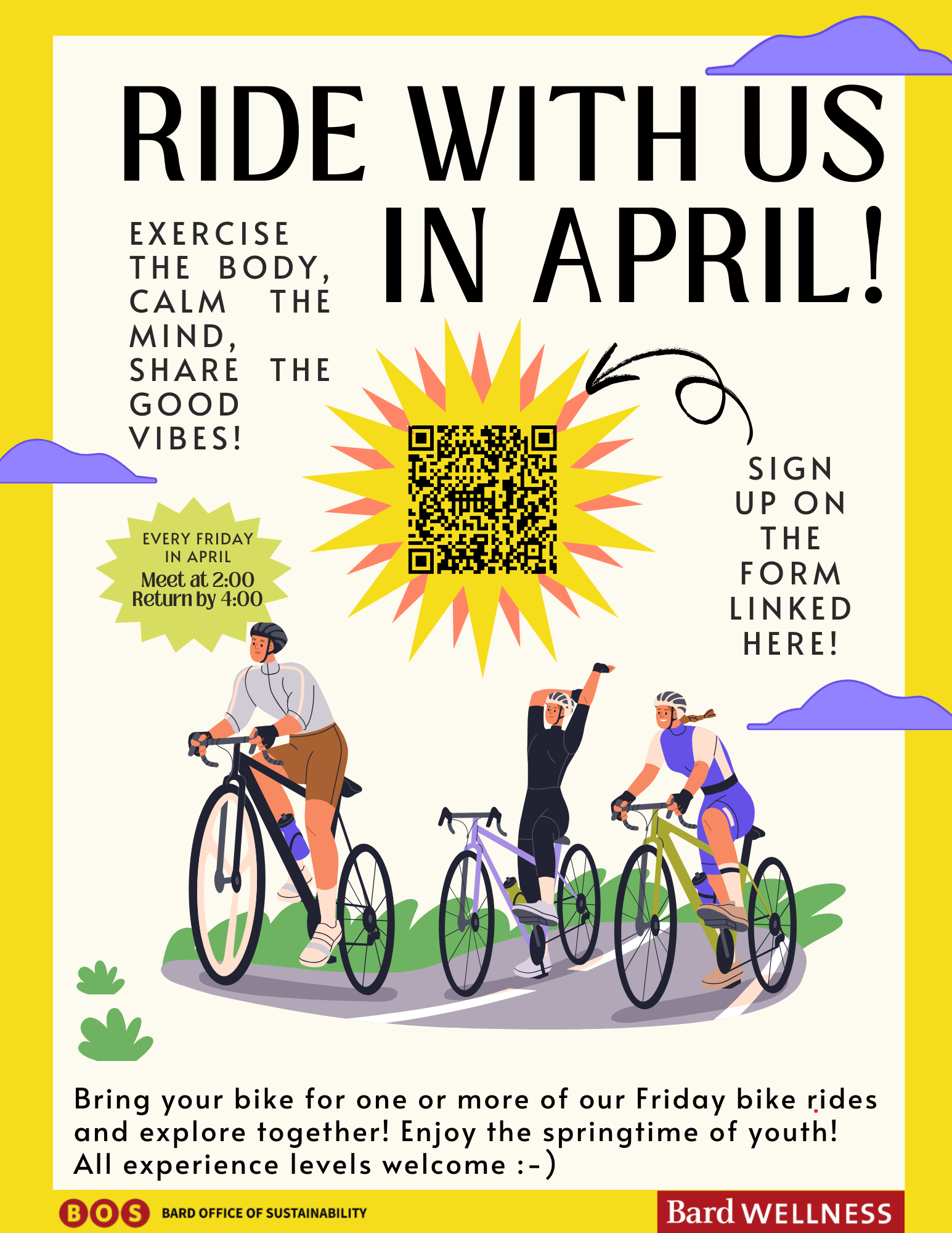 Ride with us in April! A poster showing people biking in the sun.; Ride with Us!&nbsp;