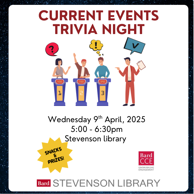 Current events trivia night poster showing people at game show podiums.; Current Events Trivia!