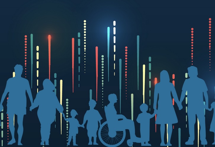 A graphic of people standing in front of abstract fireworks.; Data-Driven Civic Engagement: Statistics for Community Needs