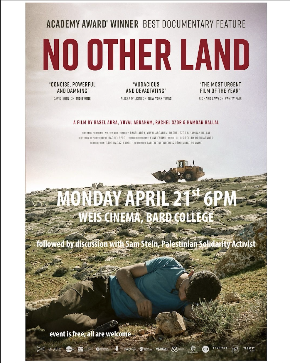No Other Land poster with a man lying in a field. A bulldozer is in the background.; Screening and Discussion of&nbsp;No Other Land
