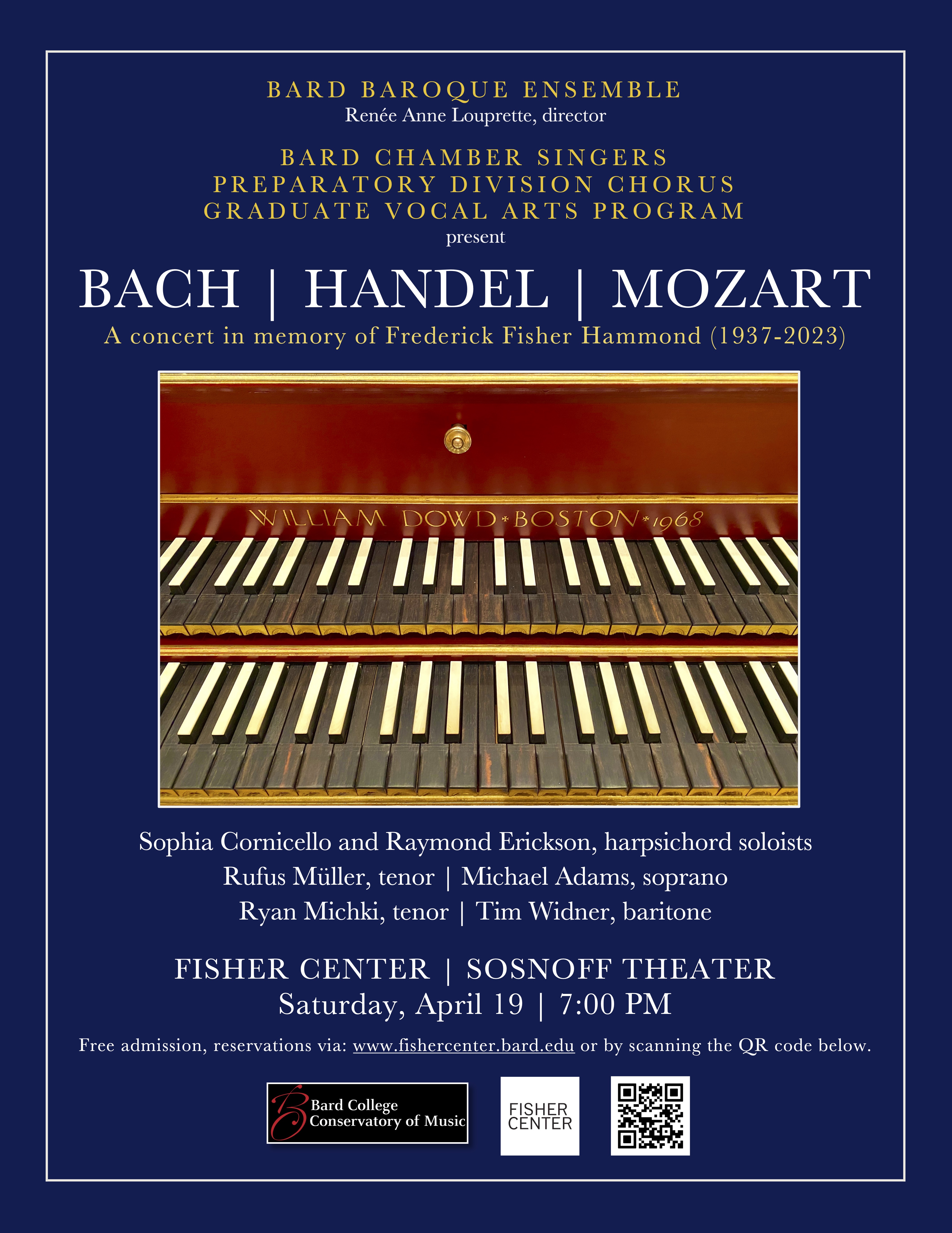 Bach, Handel, Mozart concert poster with a harpschicord in the middle.; Visit https://fishercenter.bard.edu/events/bard-baroque-ensemble/