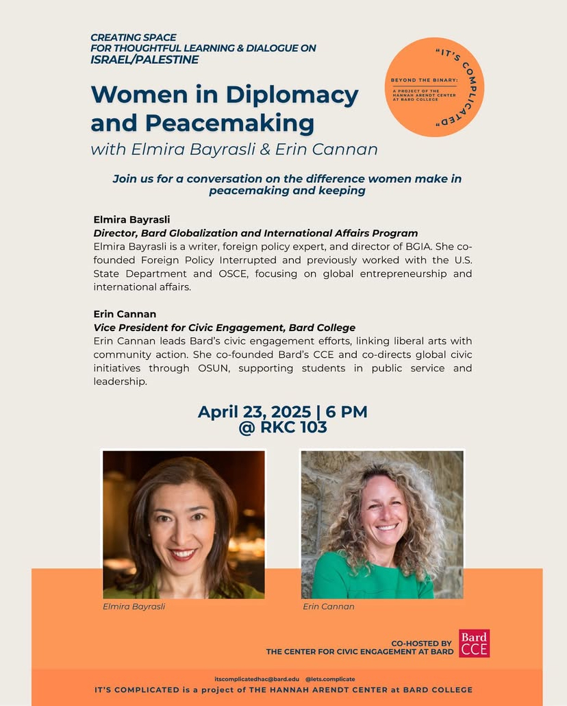 Elmira Bayrasli, a woman with long hair in a green dress.; Women in Diplomacy and Peacemaking