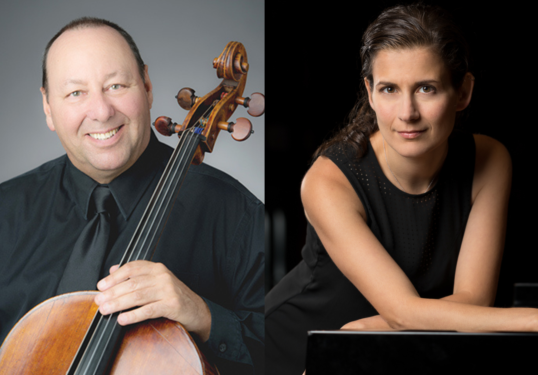 Peter Wiley (left) wearing black and holding a cello. Anna Polonsky (right) wearing black and leaning on a piano.; Faculty Spotlight Series: Peter Wiley, cello, with guest artist Anna Polonsky, piano