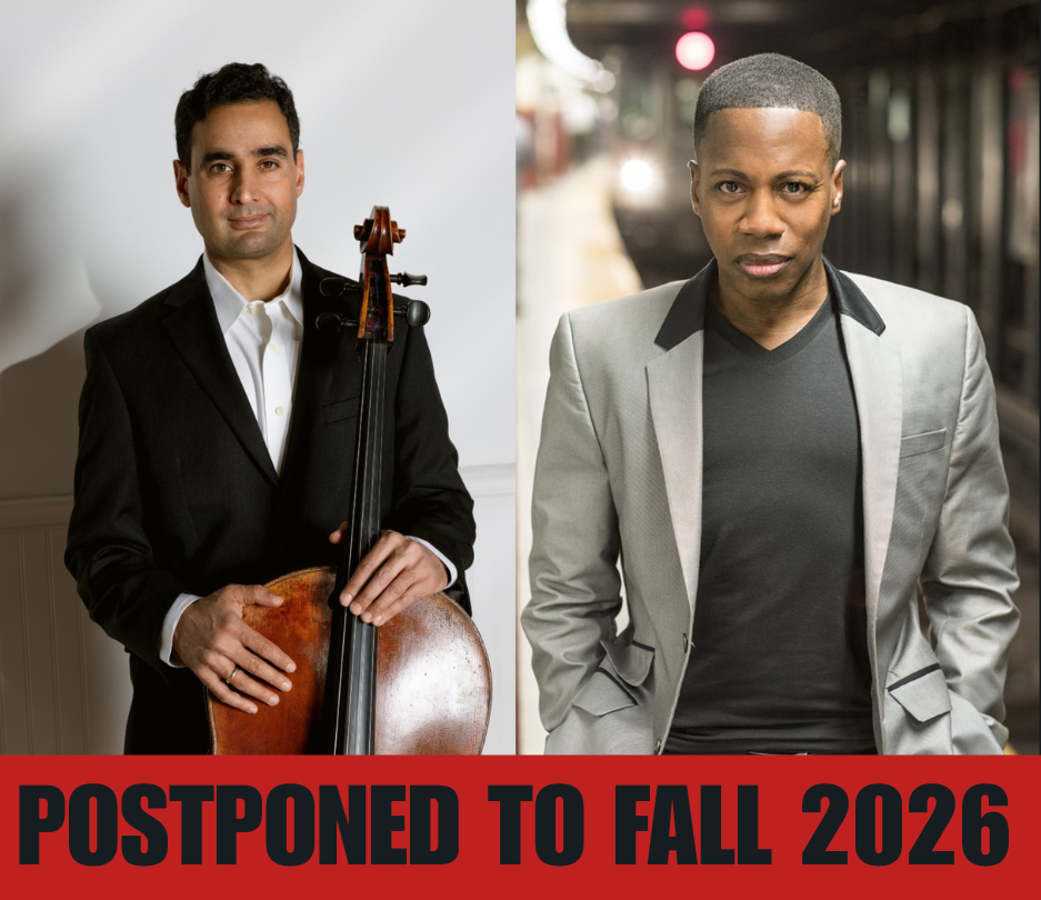 Raman Ramakrisnan (left) wearing a black suit and holding a cello against a grey and white background. Terrence Wilson (right) wearing a grey suit with a black v-neck t-shirt, with a blurred subway station in the background.; CANCELED: Faculty Spotlight Series: Raman Ramakrishnan, cello, and Terrence Wilson, piano