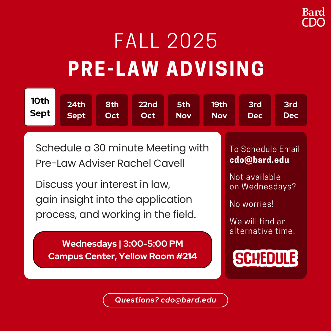 An advertisement for Fall 2025 Pre-Law Advising.; Pre-Law Advising Hours Fall 2025
