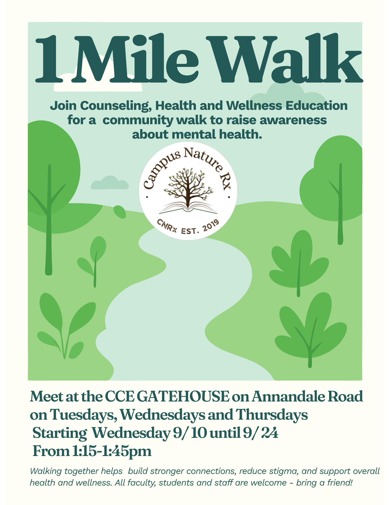 One mile walk poster with a road through trees.; One Mile Walk for Mental Health Awareness