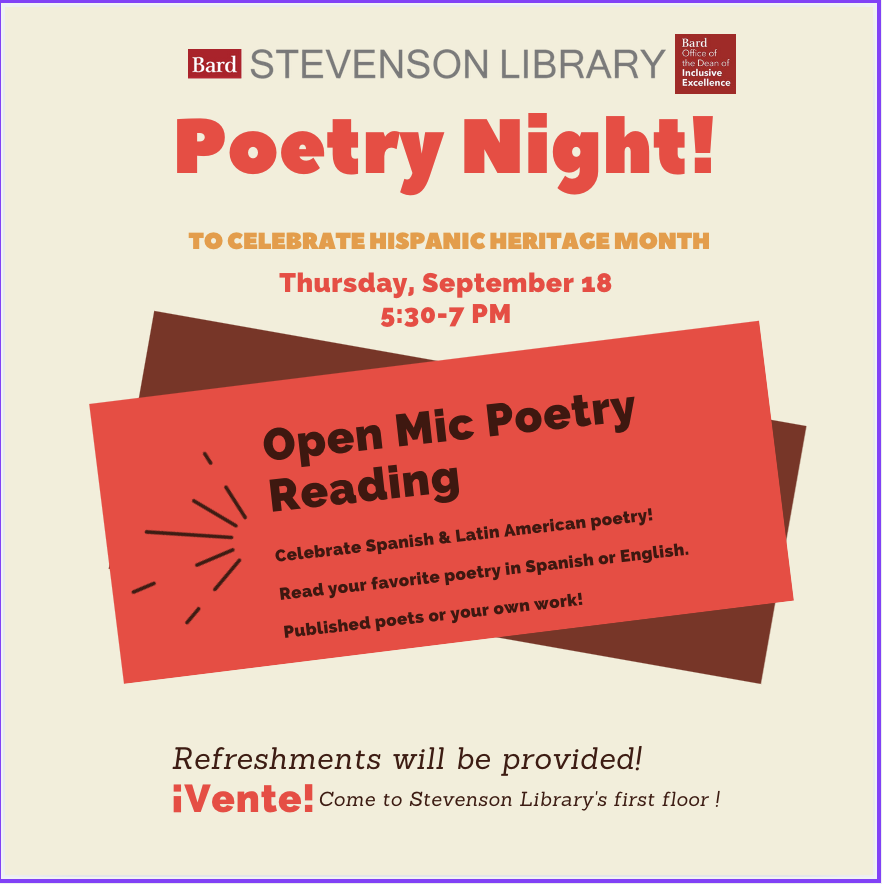 Poster with event details for Hispanic Heritage Month Poetry Night.; Hispanic Heritage Poetry Night