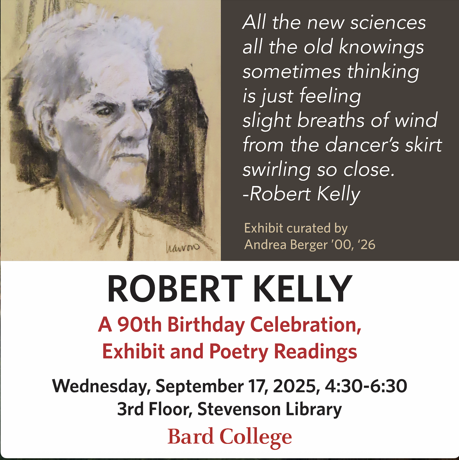 Event flyer image including a drawing of Robert Kelly and event details. ; Robert Kelly: A 90th Birthday Celebration, Exhibit, and Reading