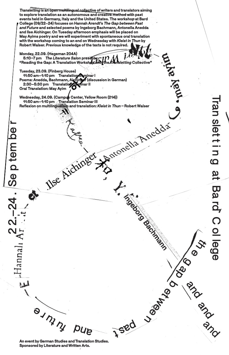 A black and white poster with event details; Translation Seminar II with the Transletting Collective