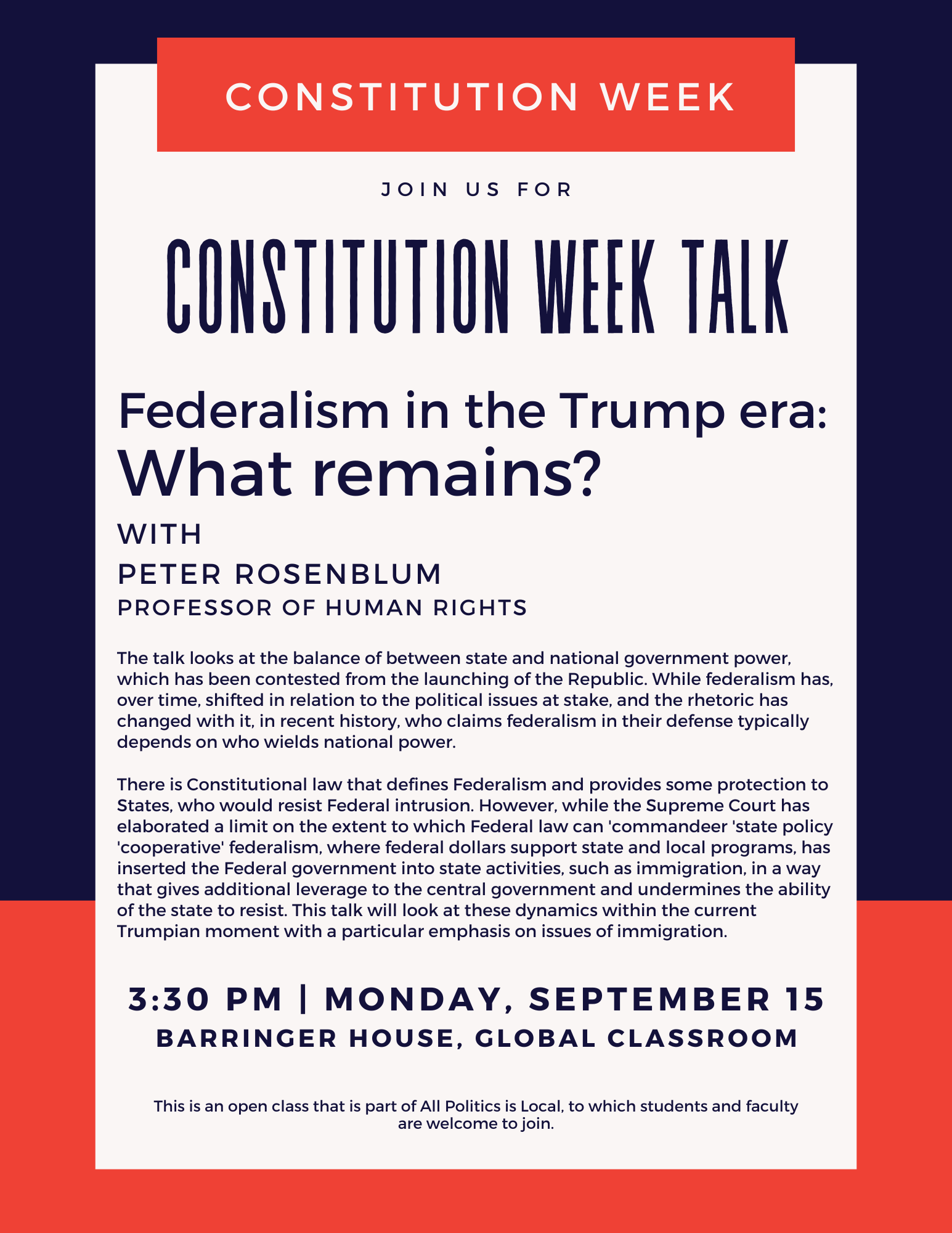 Constitution Week Talk with Peter Rosenblum; Peter Rosenblum, &ldquo;Federalism in the Trump era: What remains?&rdquo;