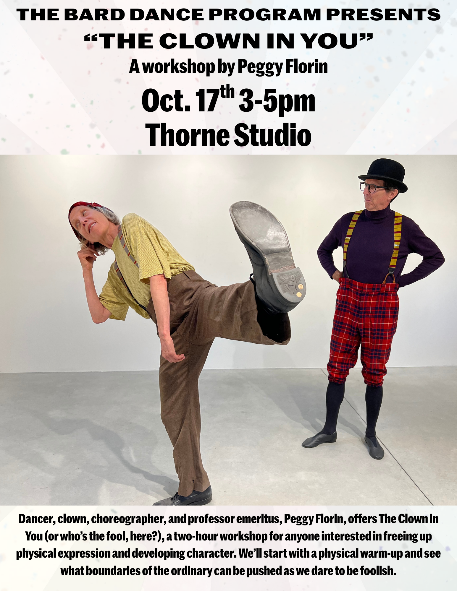 Two clowns striking funny poses.; "The Clown in You":&nbsp;A workshop by Peggy Florin