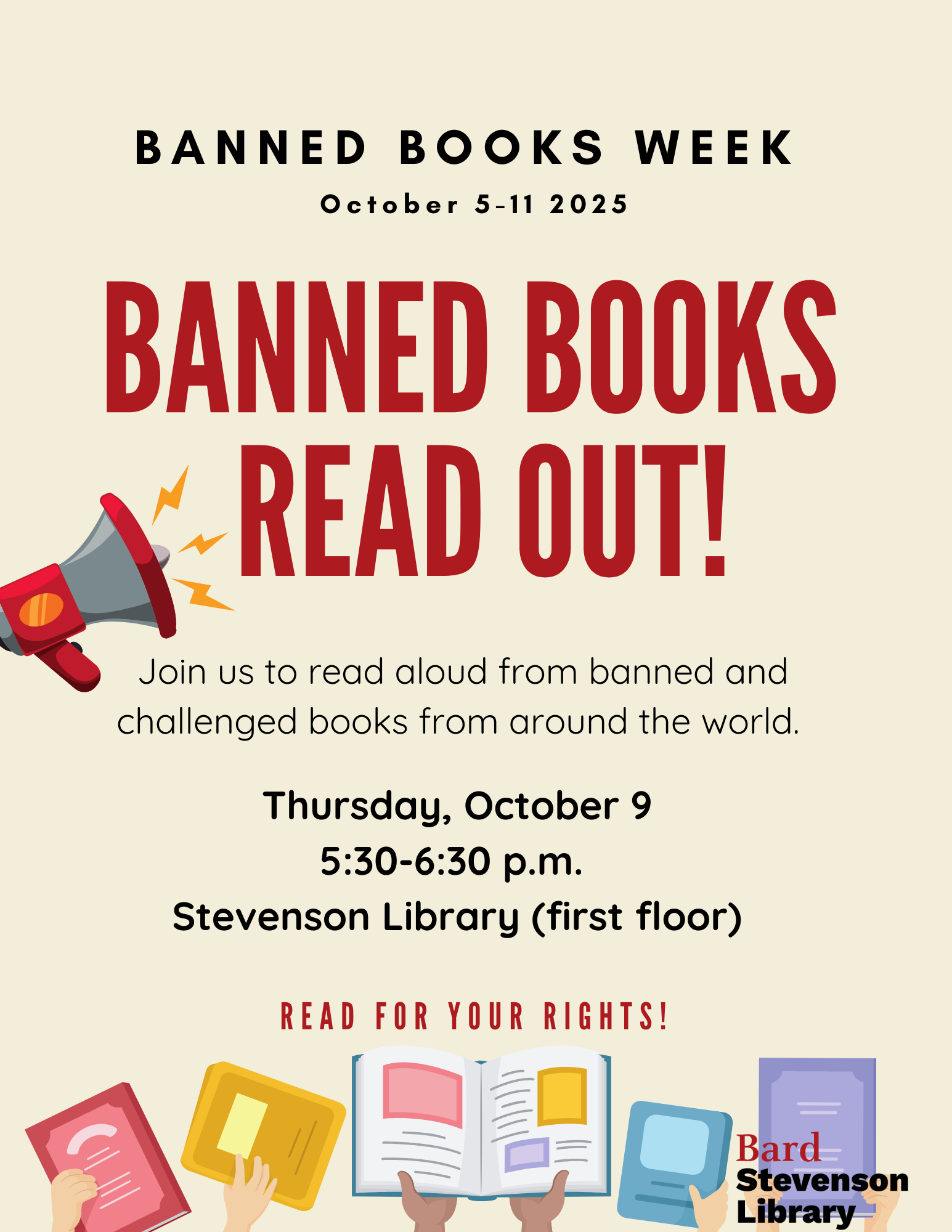Flyer for banned books readout; Banned Books Read Out!