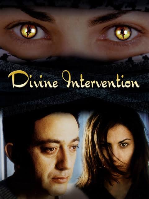 Two people overshadowed by a pair of golden eyes on the cover of Divine Intervention.; Arabic Film Screening