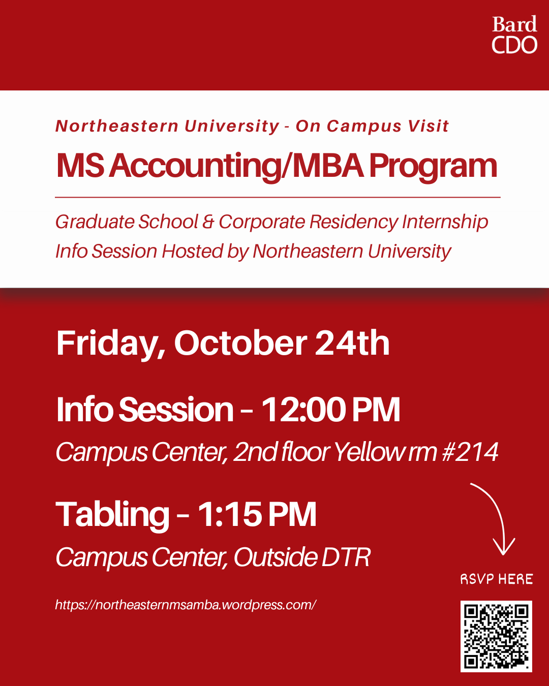 MS Accounting Northwestern Tabling poster; Northeastern University Graduate Programs Campus Visit