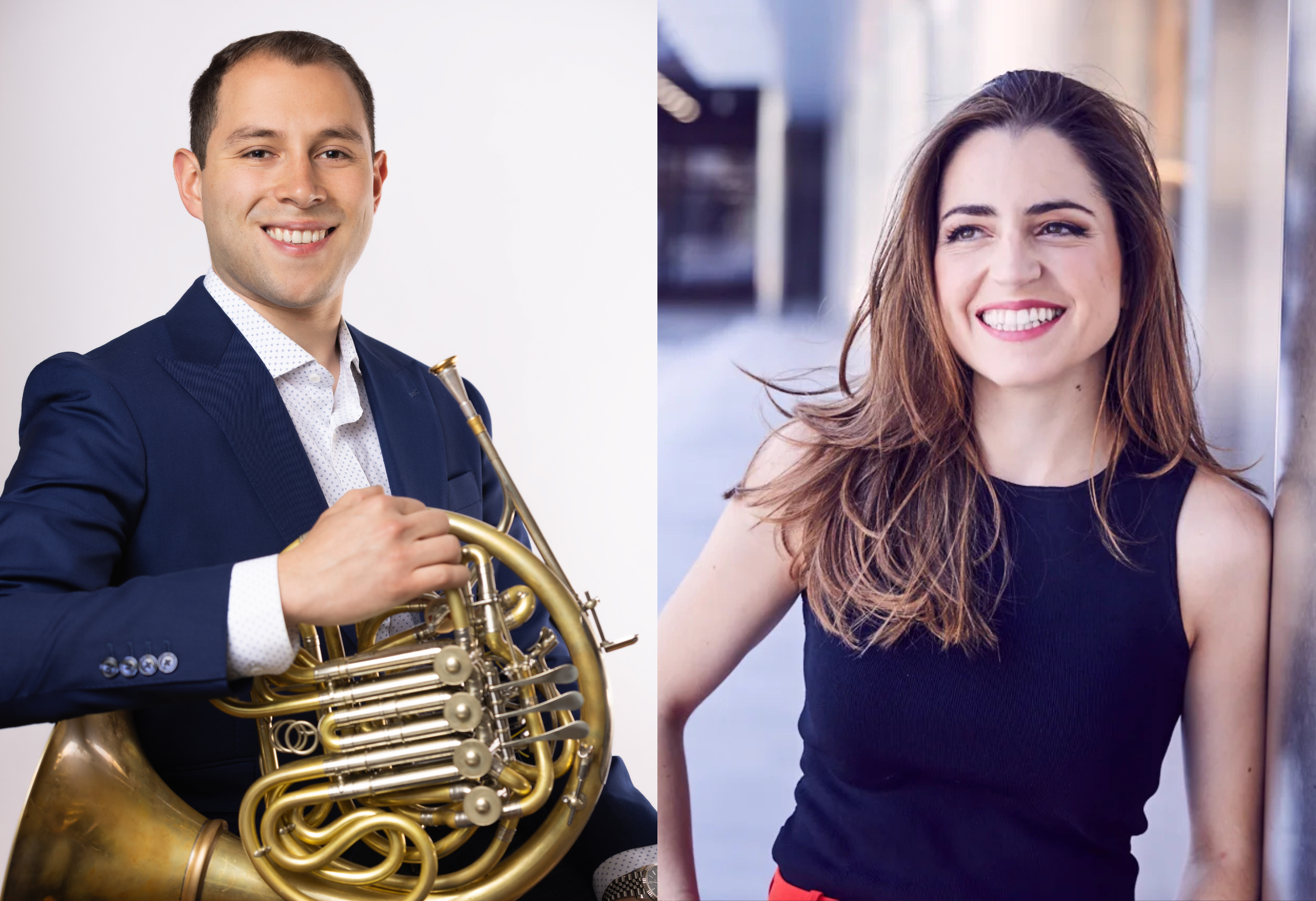 Hugo Valverde (left) holding a french horn. Enriqueta Somarriba (right) leaning on a building.; Faculty Spotlight Series: Hugo Valverde, horn, with Enriqueta Somarriba, piano