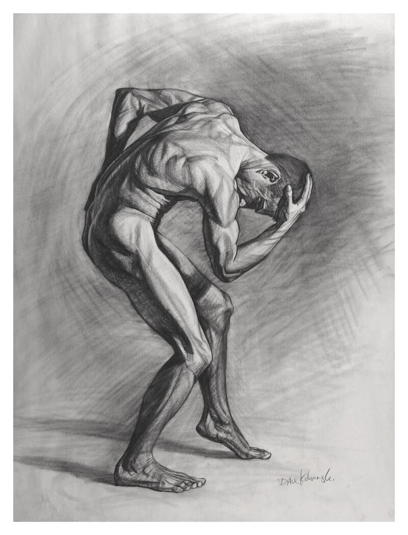 A figure drawn in charcoal holding its head and bending over.; Figure Drawing Club