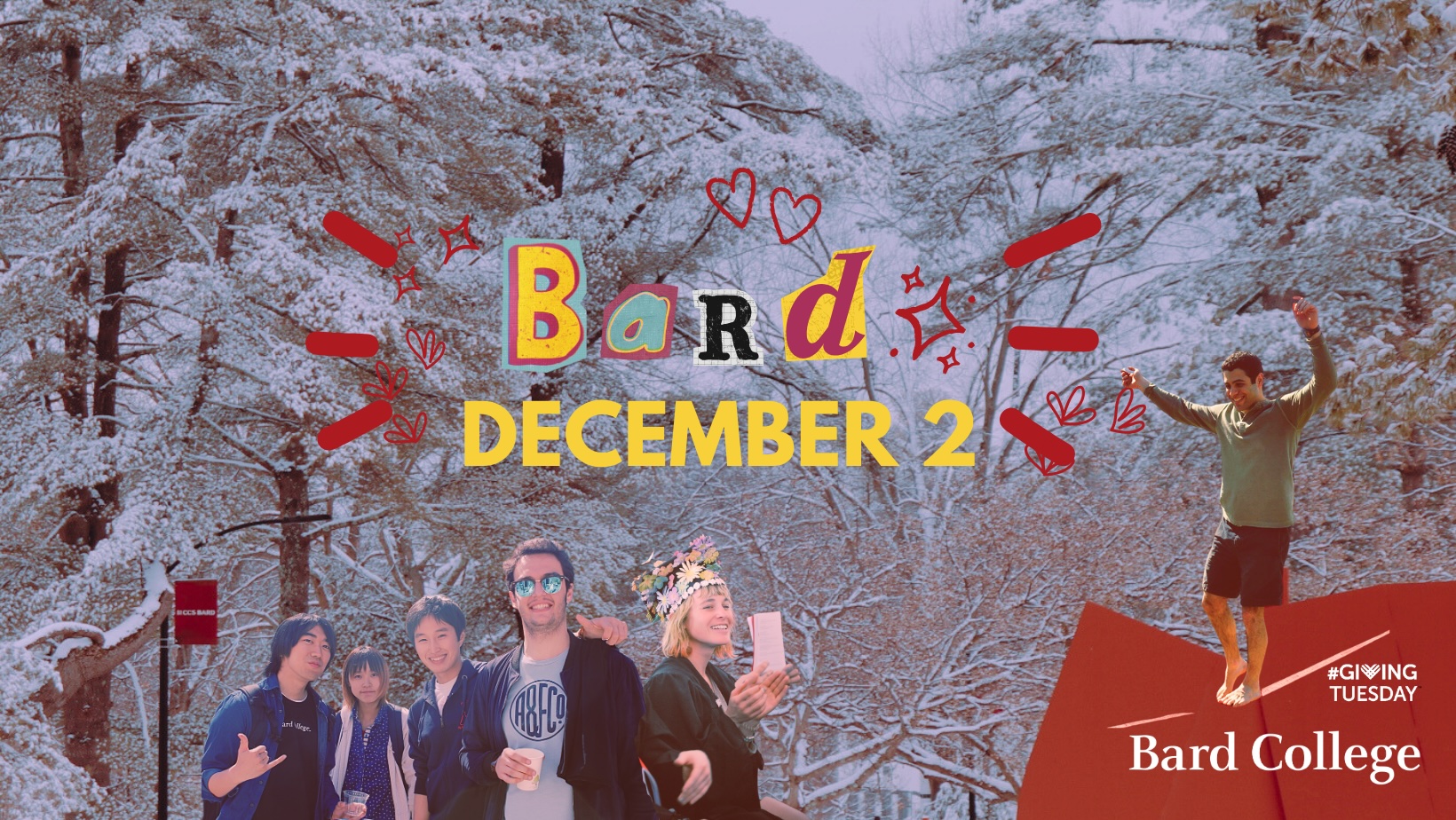 A collage-style banner announcing Giving Tuesday 2025.; Visit https://bardian.bard.edu/register/gt25