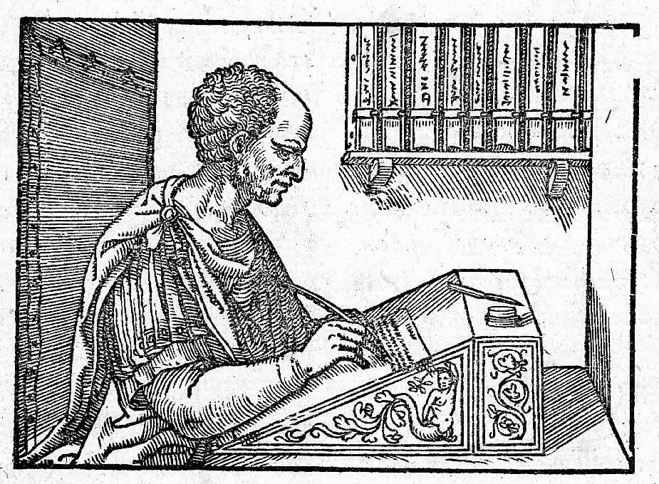 woodcut style image of a man writing with a quill; Asychronicity in Ancient Roman Letters