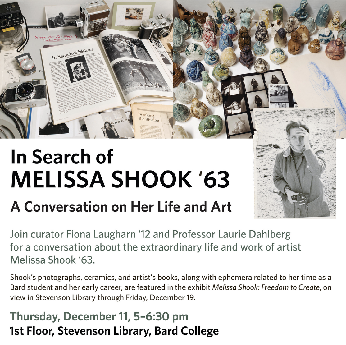 Melissa Shook closing event flyer; In Search of Melissa Shook &rsquo;63: A Conversation on Her Life and Art