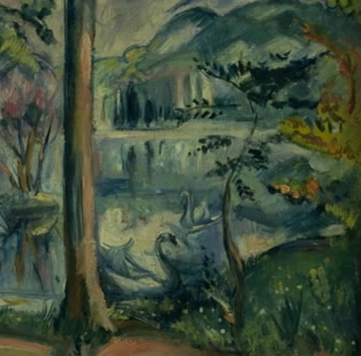 Tranquil lakeside with tall trees, green hills, water reflections, and two swans in blue-green tones; Noon Concert Series