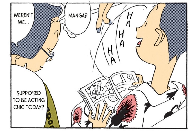 A cartoon of people laughing over manga pages.; What I Talk About When I Talk About Manga Translating (and Book Editing)