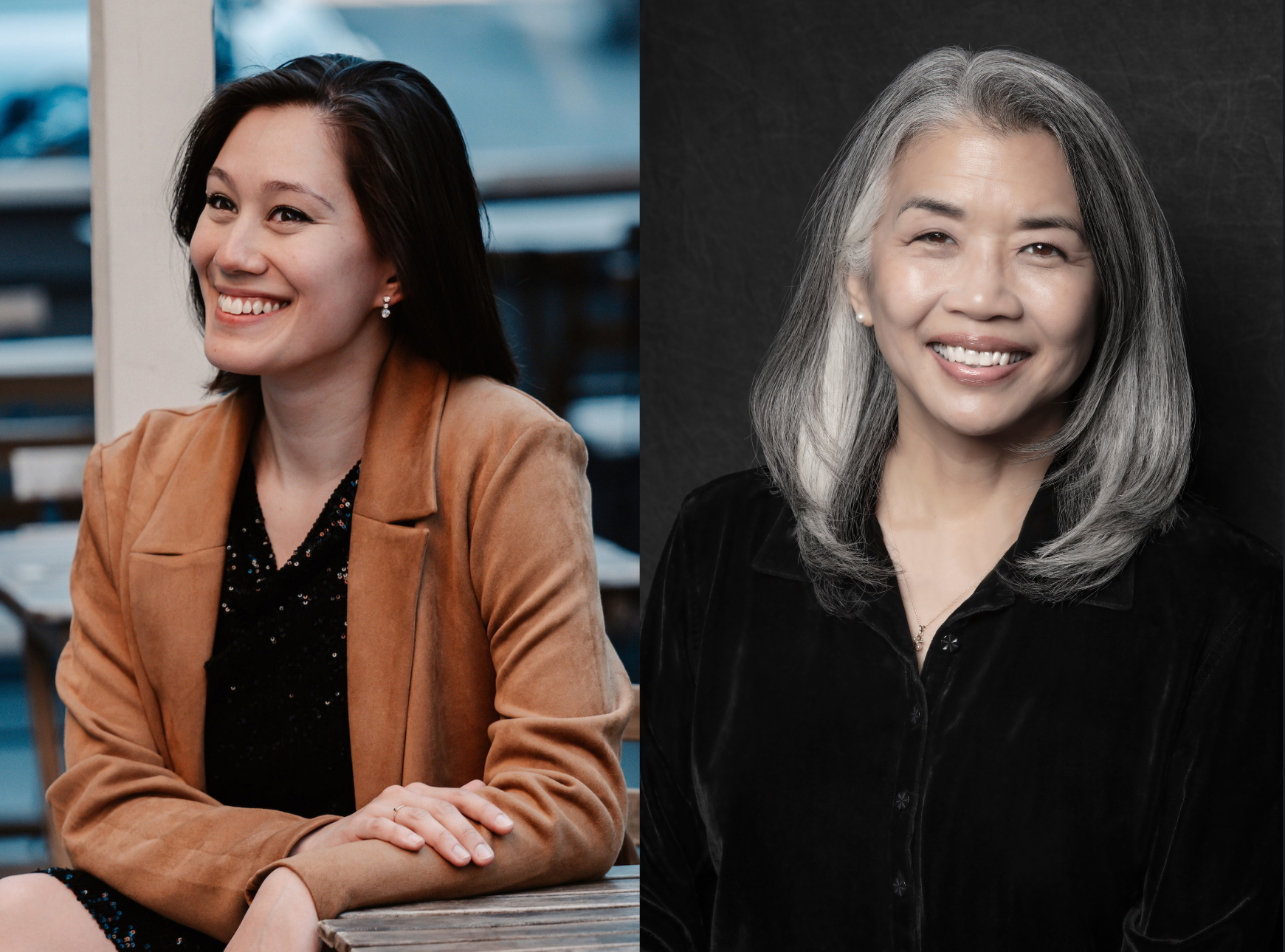 Sun-Ly Pierce sitting at a cafe table, wearing a dress and a long suede coat.; Alumni/ae Spotlight: Sun-Ly Pierce '19, mezzo-soprano, with Kayo Iwama, piano