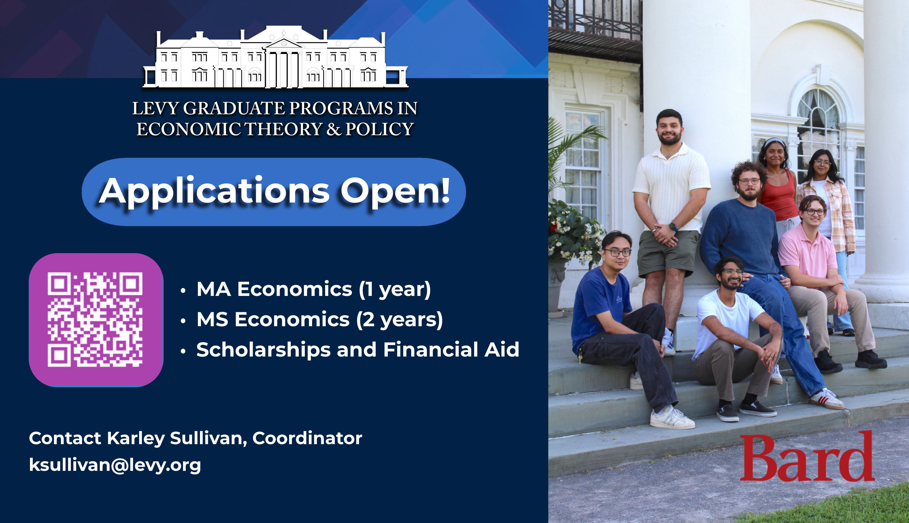 A group of Levy Grad students sit in front of Blithewood Mansion. ; Visit https://connect.bard.edu/register/?id=a4b09d54-df09-4711-83b9-c7637d45c93f